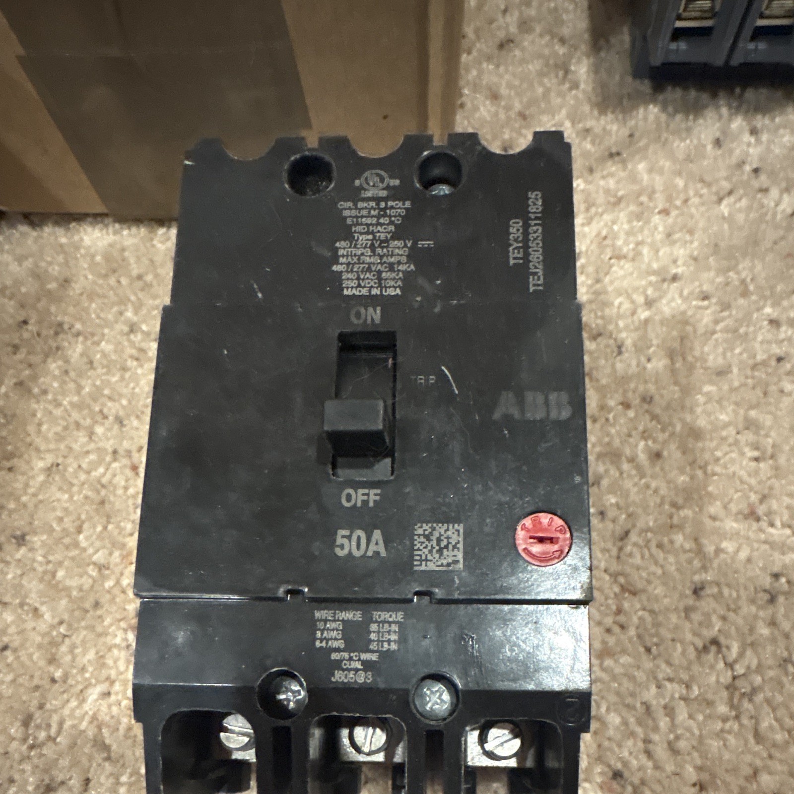 ABB TEY350 50A 3-Pole Circuit Breaker 451-500V AC Type Y Trip Indicator