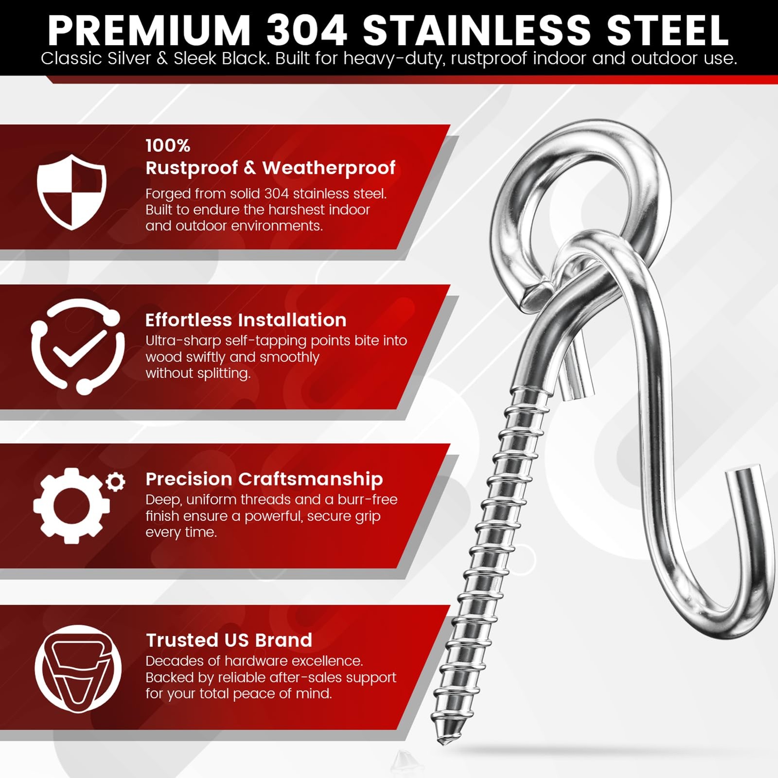 300LBS Heavy Duty 3.2 inch 304 Stainless Steel Screw Eye Hooks with 5 S-Hooks…
