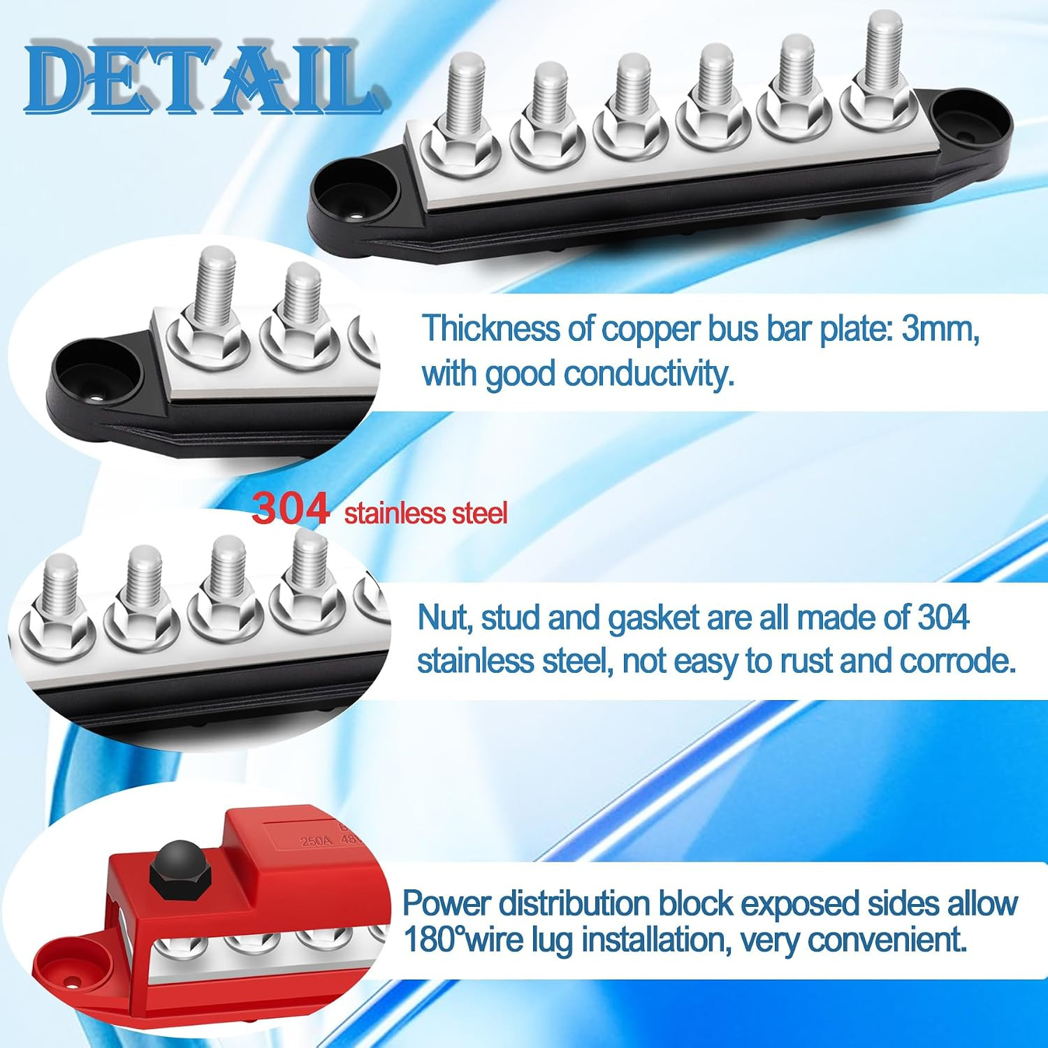 250A Bus Bar 12V Marine 1/4″ Power Distribution Block Automotive Busbar Terminal