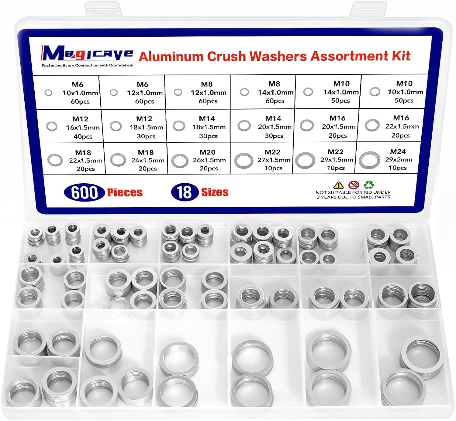 600 Pcs Aluminum Crush Washer Assortment Kit – 18 Sizes Oil Drain Plug Gasket As
