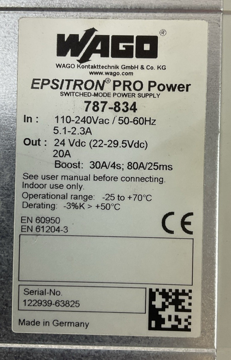 WAGO 787-834 EPSITRON PRO POWER SUPPLY OUT 24VDC 20A IN 110-240VAC 5.1-2.3A