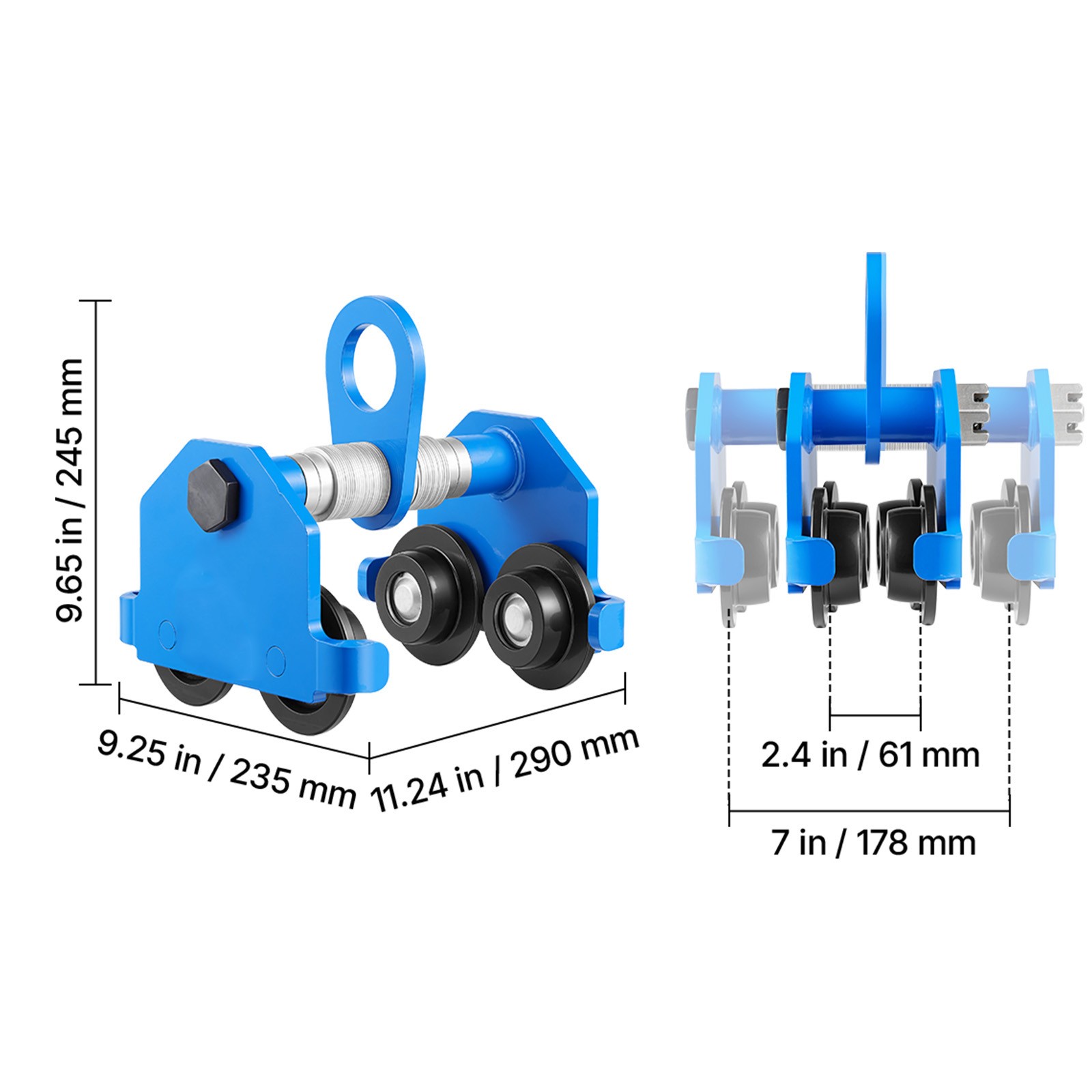 Uimoso Manual Push Beam Trolley, 2-Ton Capacity, Adjustable 2.4″-7″ Width