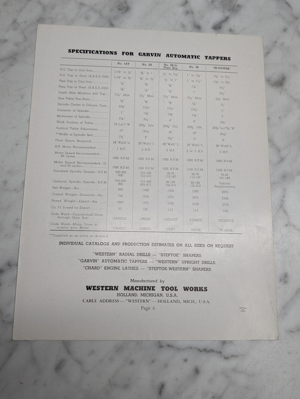 GARVIN AUTOMATIC TAPPERS WESTERN MACHINE TOOL WORKS CIRCULAR 5812 S AUG 9 1978