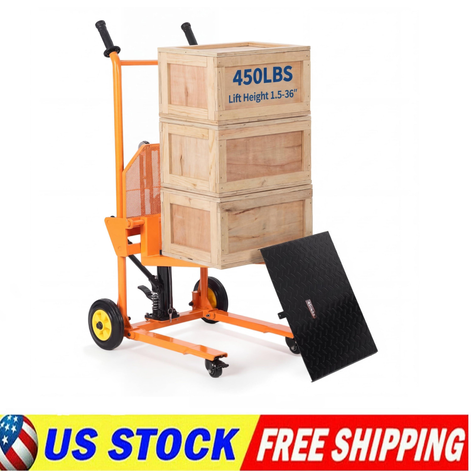 Hydraulic Material Lift 450lbs Winch Stacker Adjustable Pallet Dolly Lift 36in