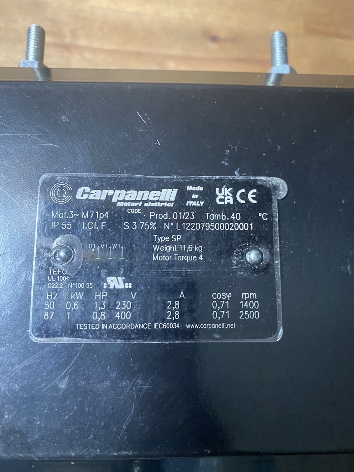 Carpanelli M71p4 3-Phase Electric Motor 0.6kW/1.0kW 230/400V IP55 Made in Italy