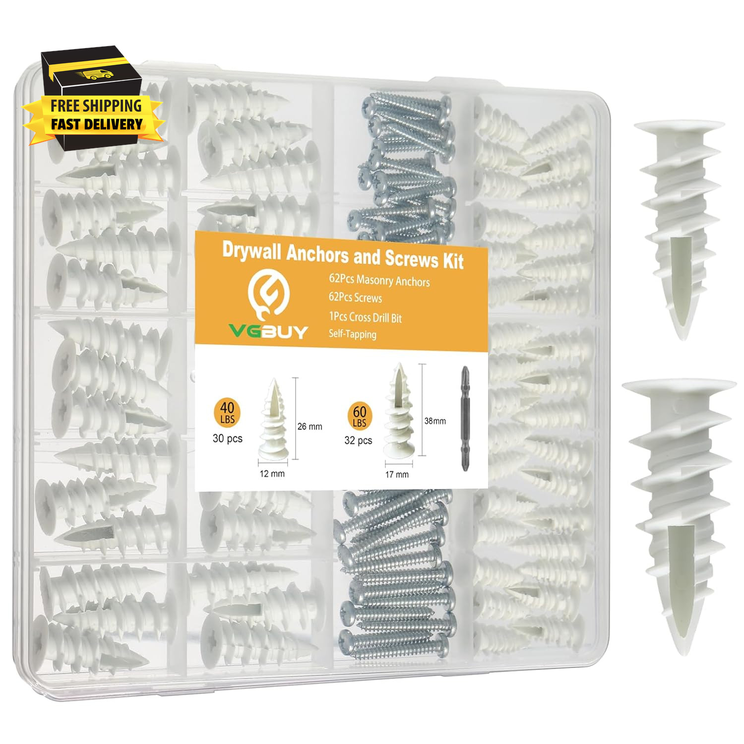 Drywall Anchors and Screws Kit Heavy Duty,124Pcs Screws and Plastic Wall Anchors