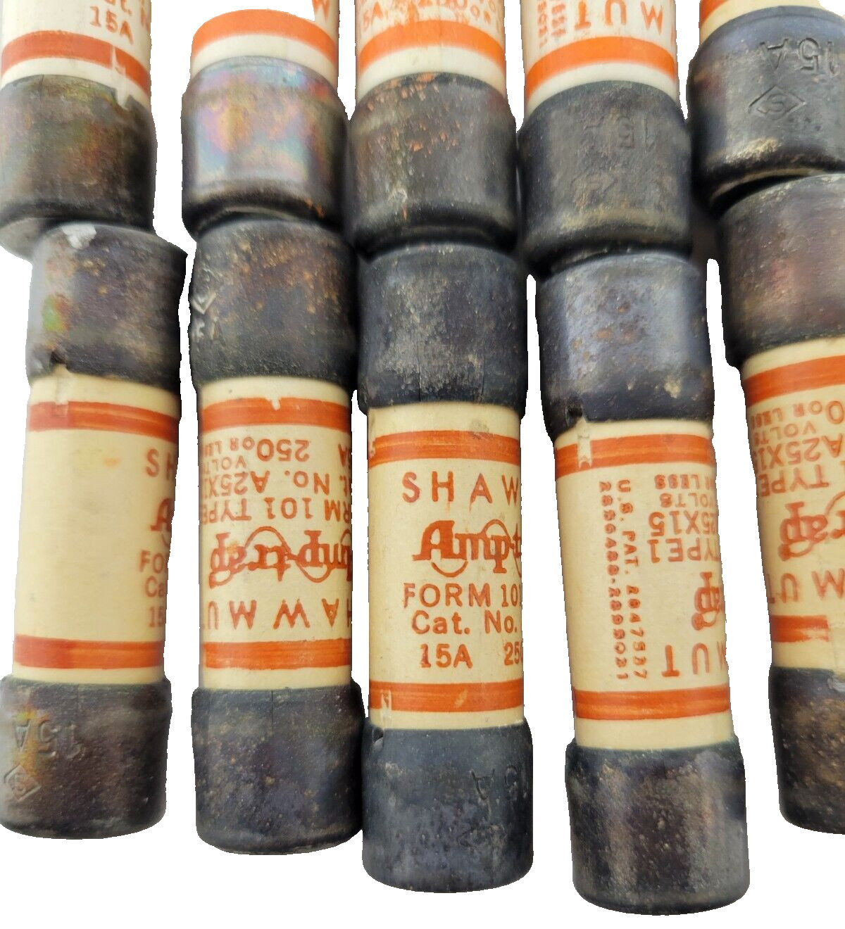 LOT OF 10 – SHAWMUT FORM 101 TYPE 1 CAT NO 250 OR LESS VOLT A25X15 FUSE 15A USED