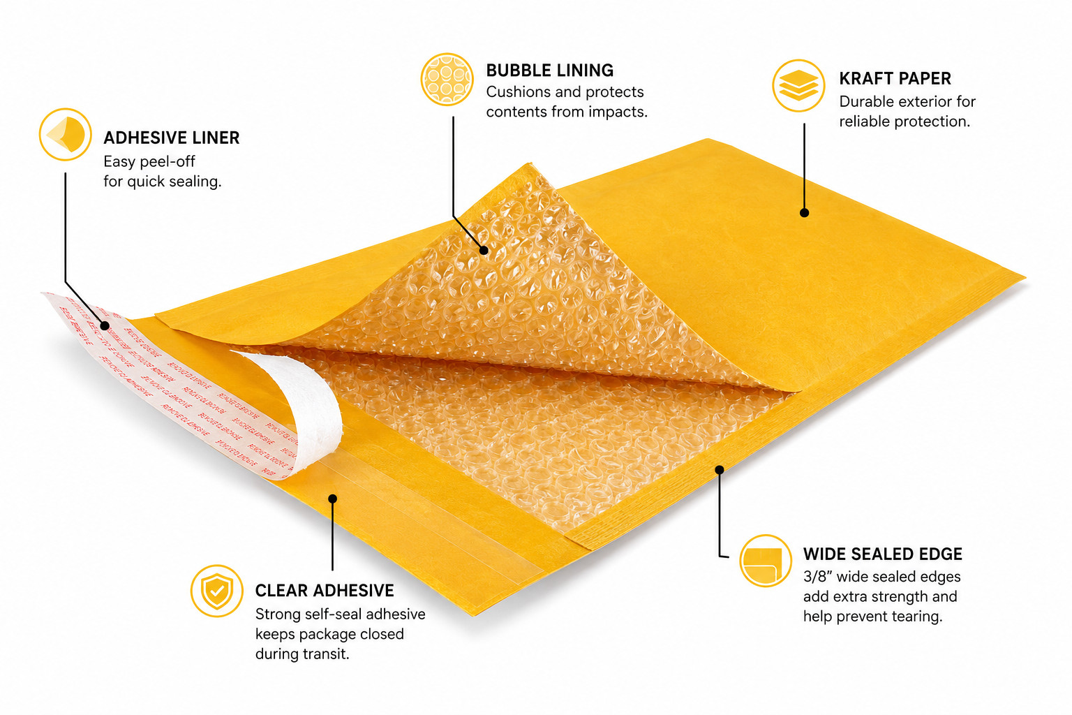 Kraft Bubble Mailers Self-Seal Padded Envelopes Shipping Bags Yellow color