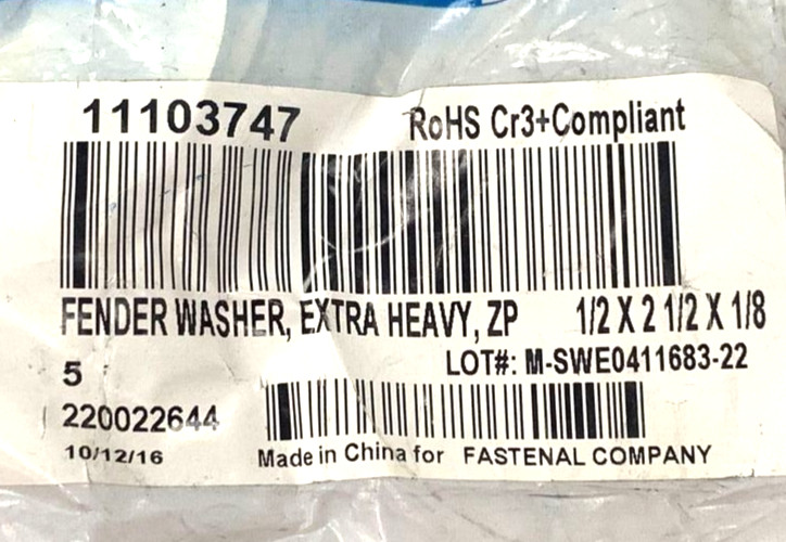 EXTRA HEAVY STEEL FENDER WASHER 1/2X2-1/2X1/8″ 11103747 LOT OF 5