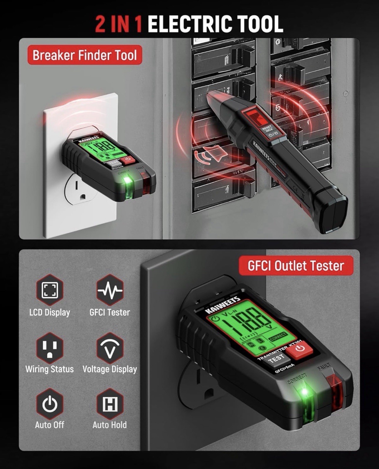 KAIWEETS Circuit Breaker Finder LCD Display Outlet Tester Black Case KT301P