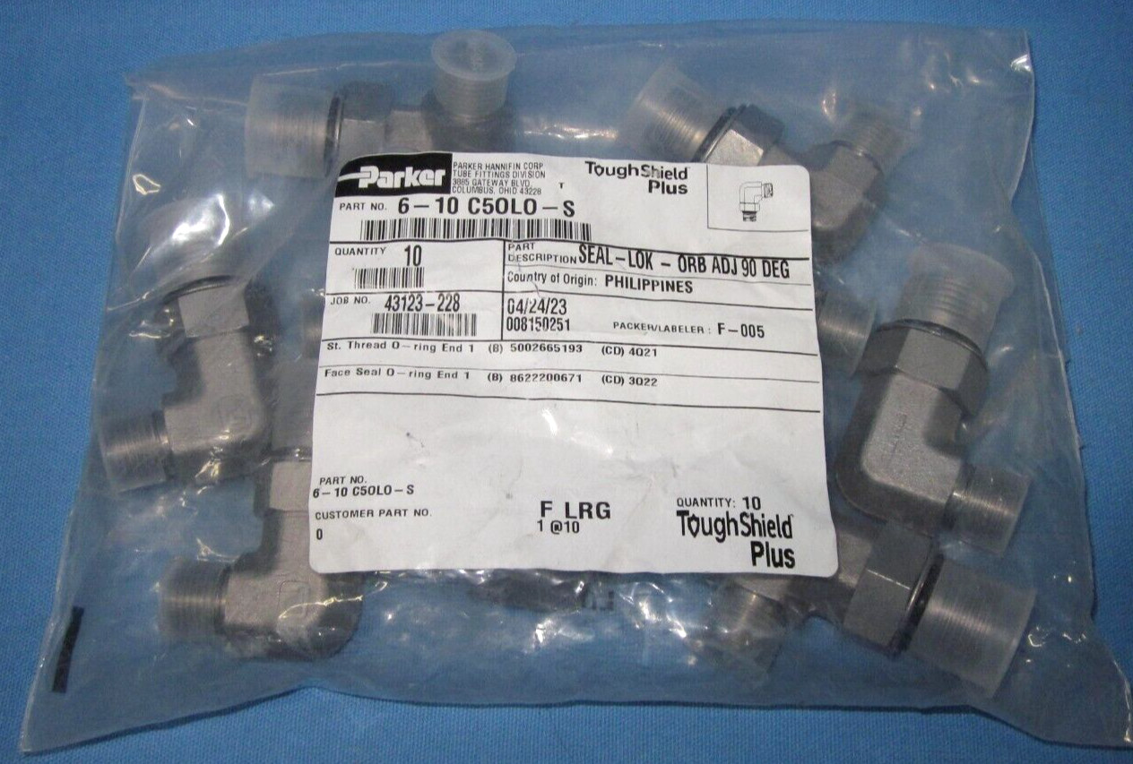 a Bag of 10 ~ Parker 6-10 C5OLO-S, Seal-Lok-Orb Adj 90 Deg