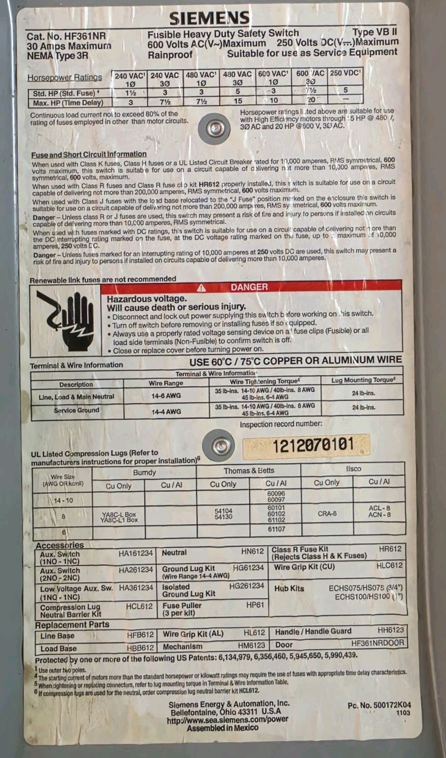 Siemens HF361NR 30A 600V 3P Fused Safety Switch NEMA 3R With (3) Littelfuse…