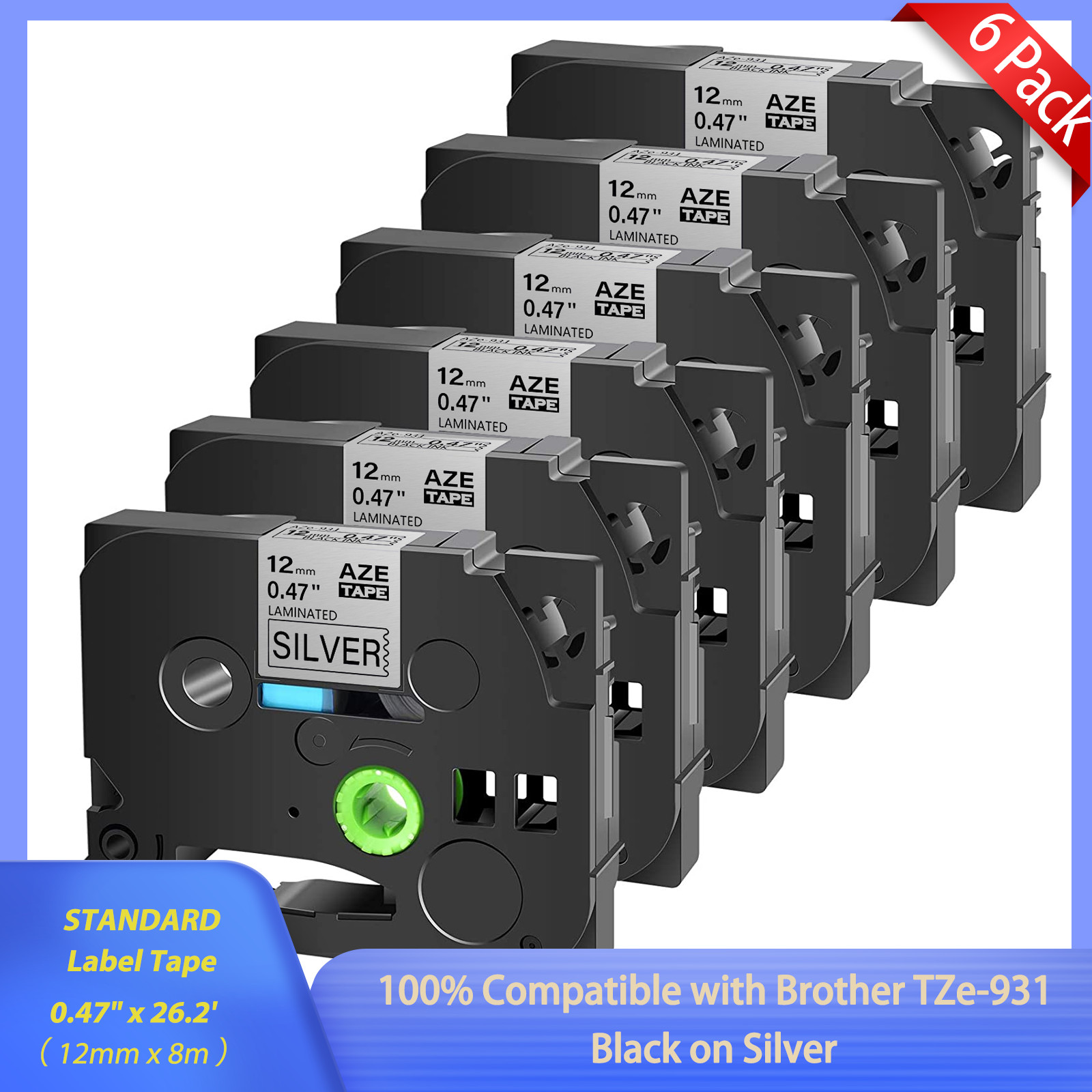 6x TZe-931 Black on Silver 1/2″ TZe Tapes Compatible For Brother PT-D210