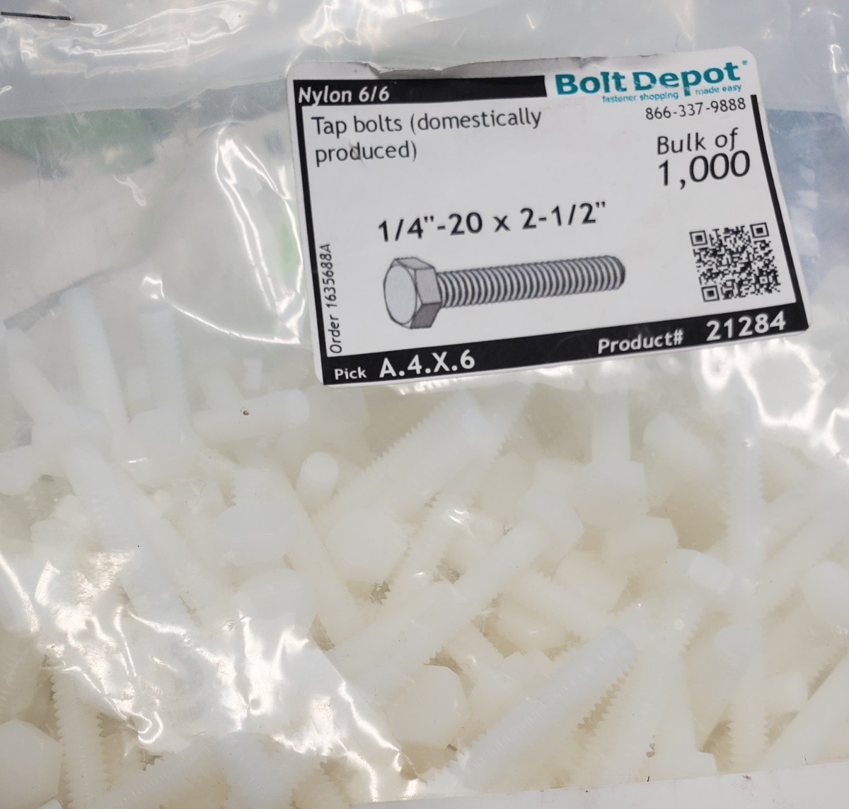 Bolt Depot Tap bolts Nylon 6/6, 1/4″-20 x 2-1/2″ bag of 1000 Nylon Bolts