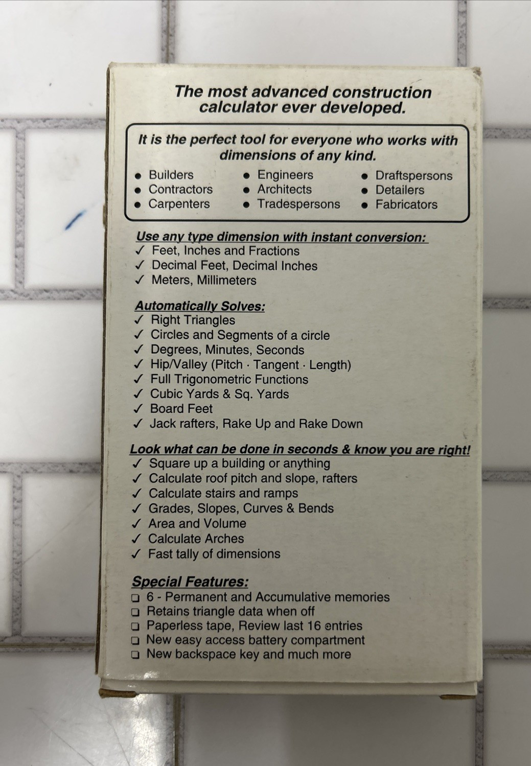 THE ULTIMATE BUILDER’S CONSTRUCTION CALCULATOR JOBBER “6” *TESTED *W/BOX