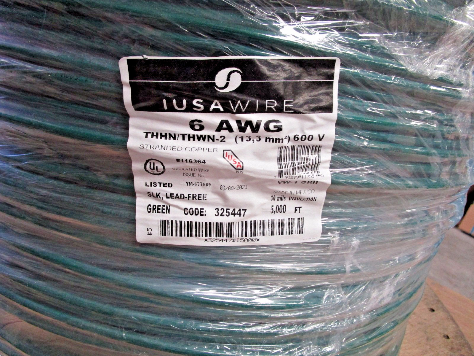 IUSA WIRE 6 AWG THHN/THWN-2 600V ~ STRANDED COPPER #E116364 – QTY. 5,000 FEET