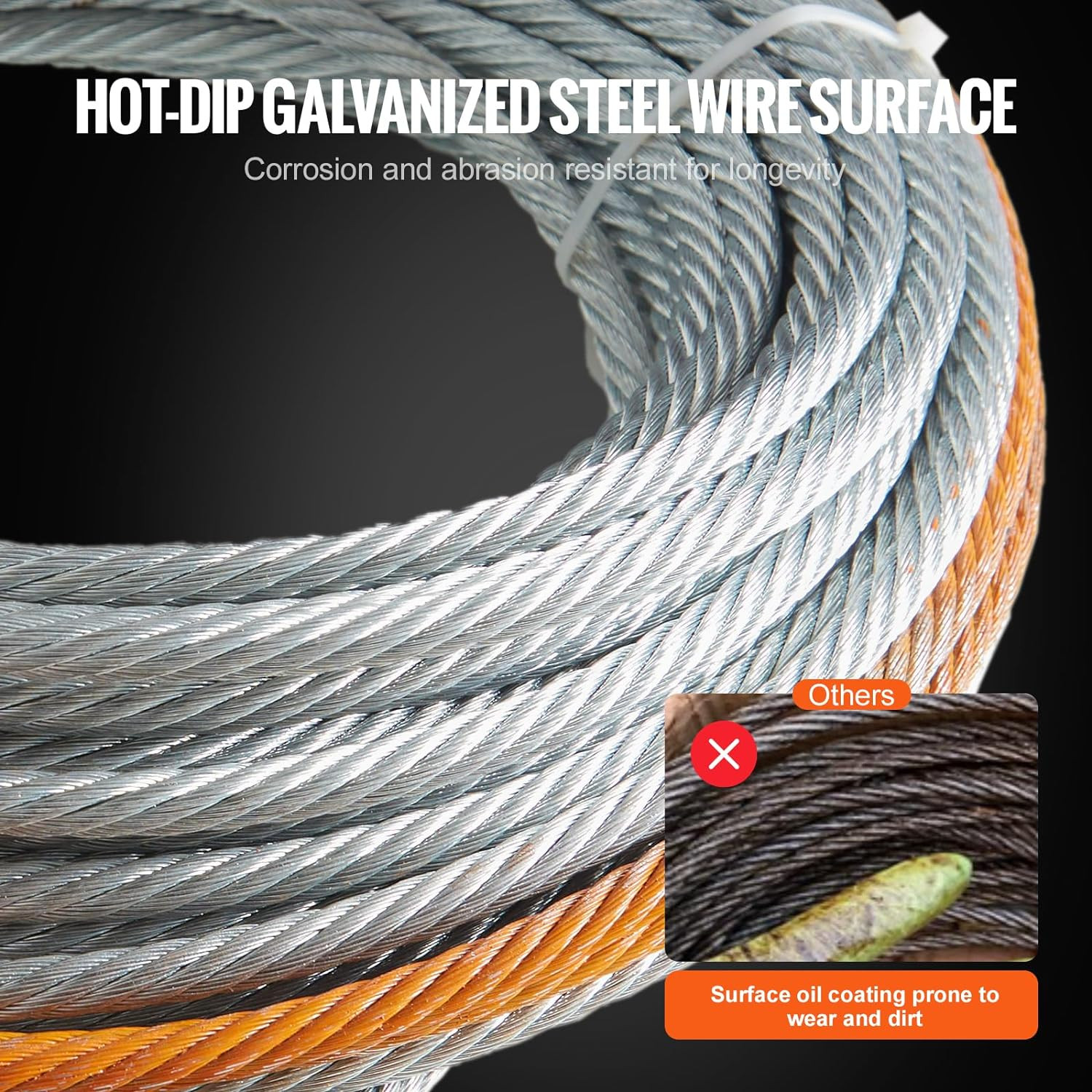 Galvanized Steel Winch Cable, 3/8 Inch X 75 Feet 15,200 Lbs Breaking Strength, W