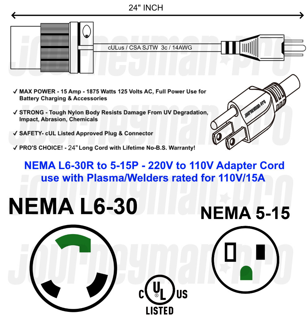Pigtail 220V to 110V Outlet Adapter 2FT or 10FT for Plasma Cutters, Welders JPRO