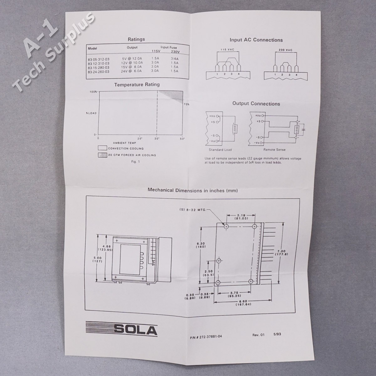 Sola 83-24-260-03 Linear DC Power Supply Input: 120/240 VAC 50/60 Hz Out: 24 VDC