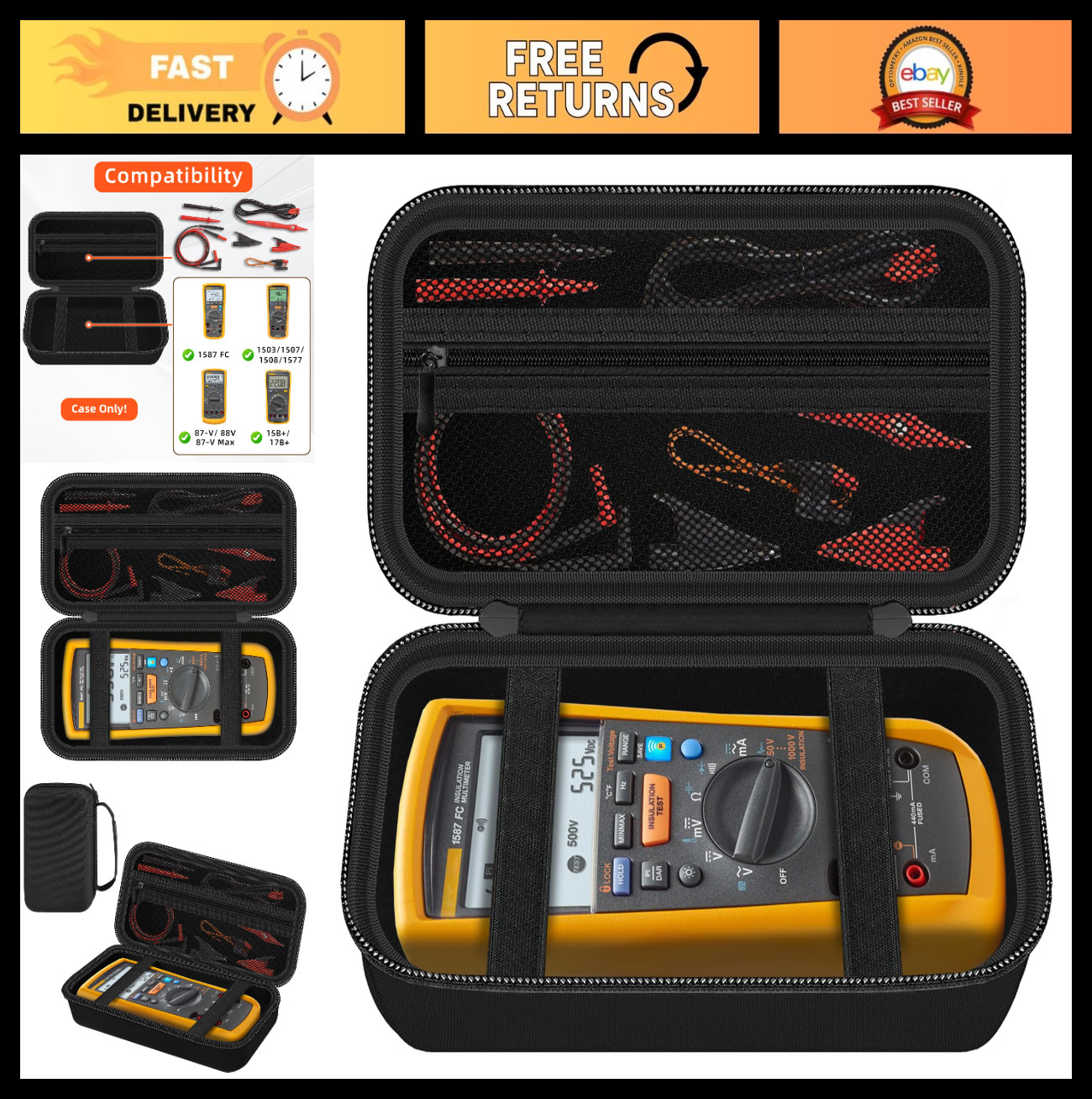 Multimeter Carrying Case for Fluke 1587, 87V, 88V, 15B+, 17B+ & Accessories – Or
