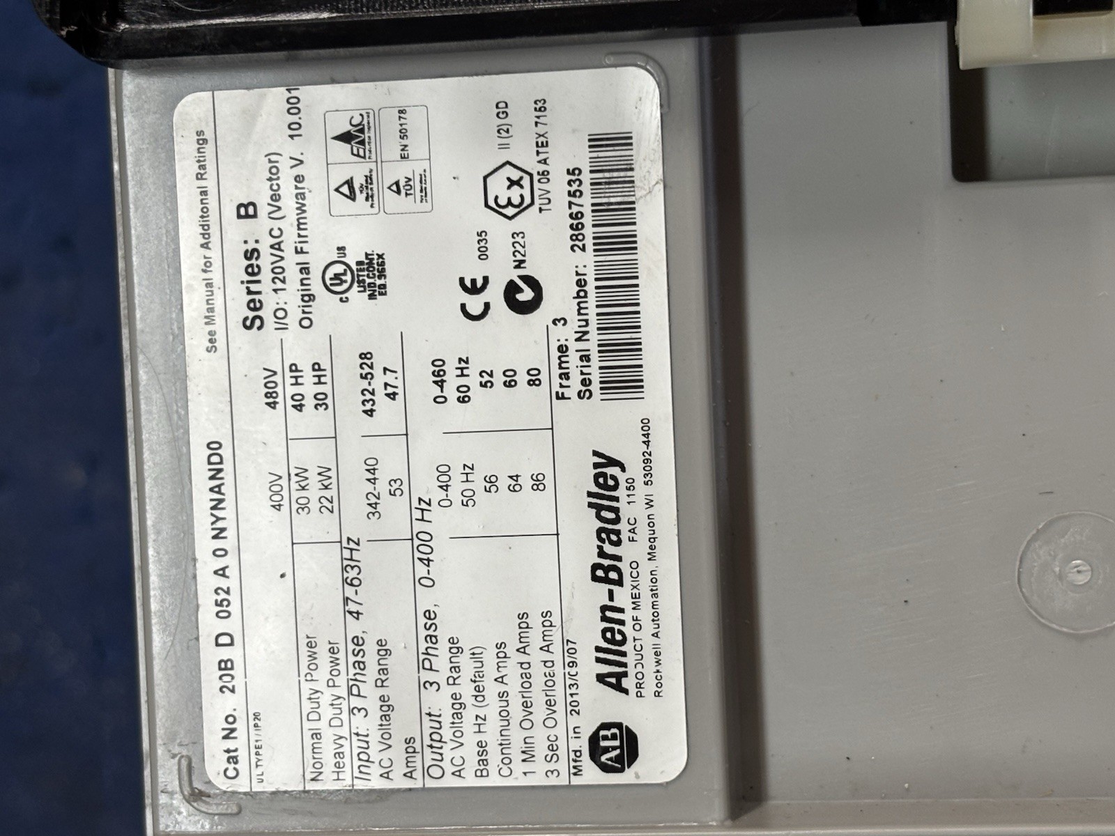 40HP 20BD052A0NYNANC0 20BD052A0AYNANC0 Powerflex 700 AC Drive MFG 2013 / Low Hrs