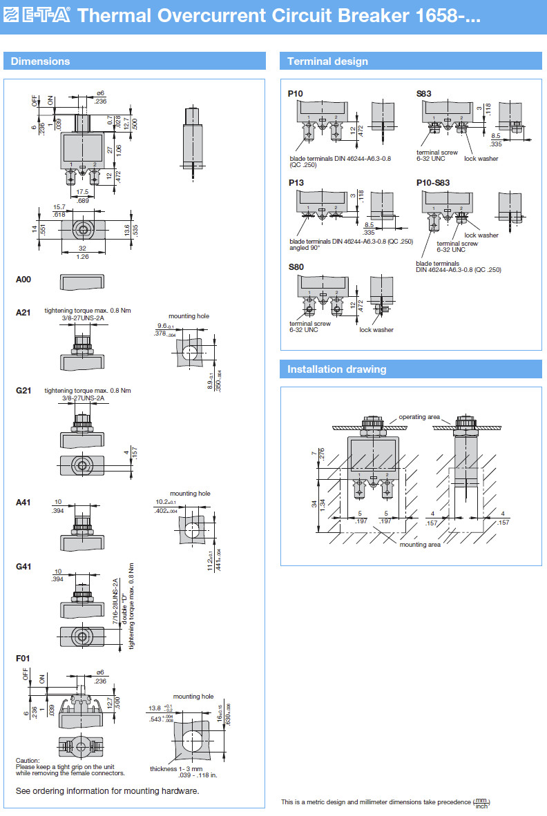 Circuit Breaker ETA 1658 12A DC AC Push Thermal Overcurrent P 13 terminals