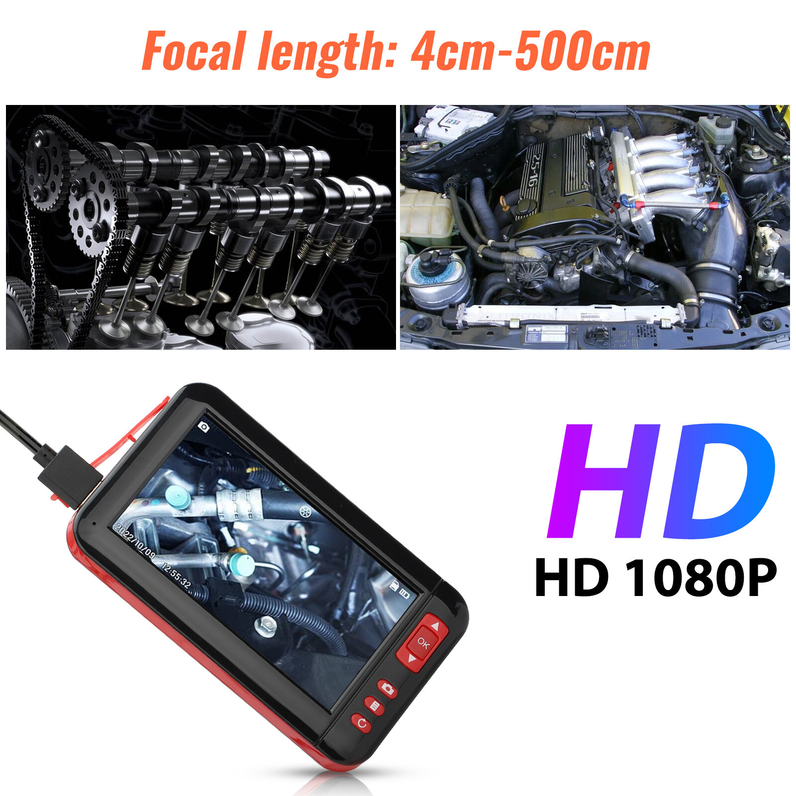 1080P HD Industrial Endoscope Borescope 4.3» Screen 8mm Inspection Snake Camera