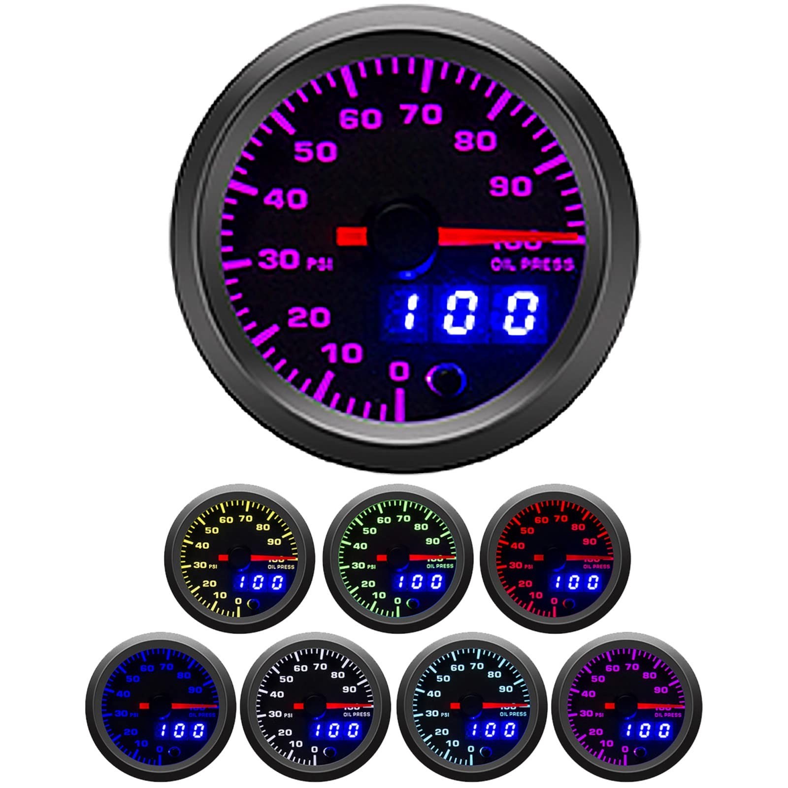 2-1/16″ 52mm Oil Pressure Gauge Kit 7 Color 0 to 100 PSI Pointer & … Fast Ship