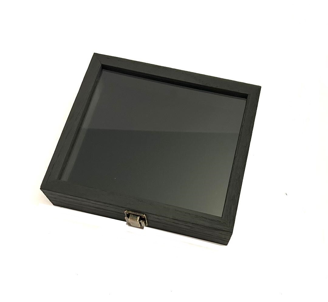 Rustic Black Wood Glass Top Lid Black Pad Jewelry Display Case Medals Pins Hobby