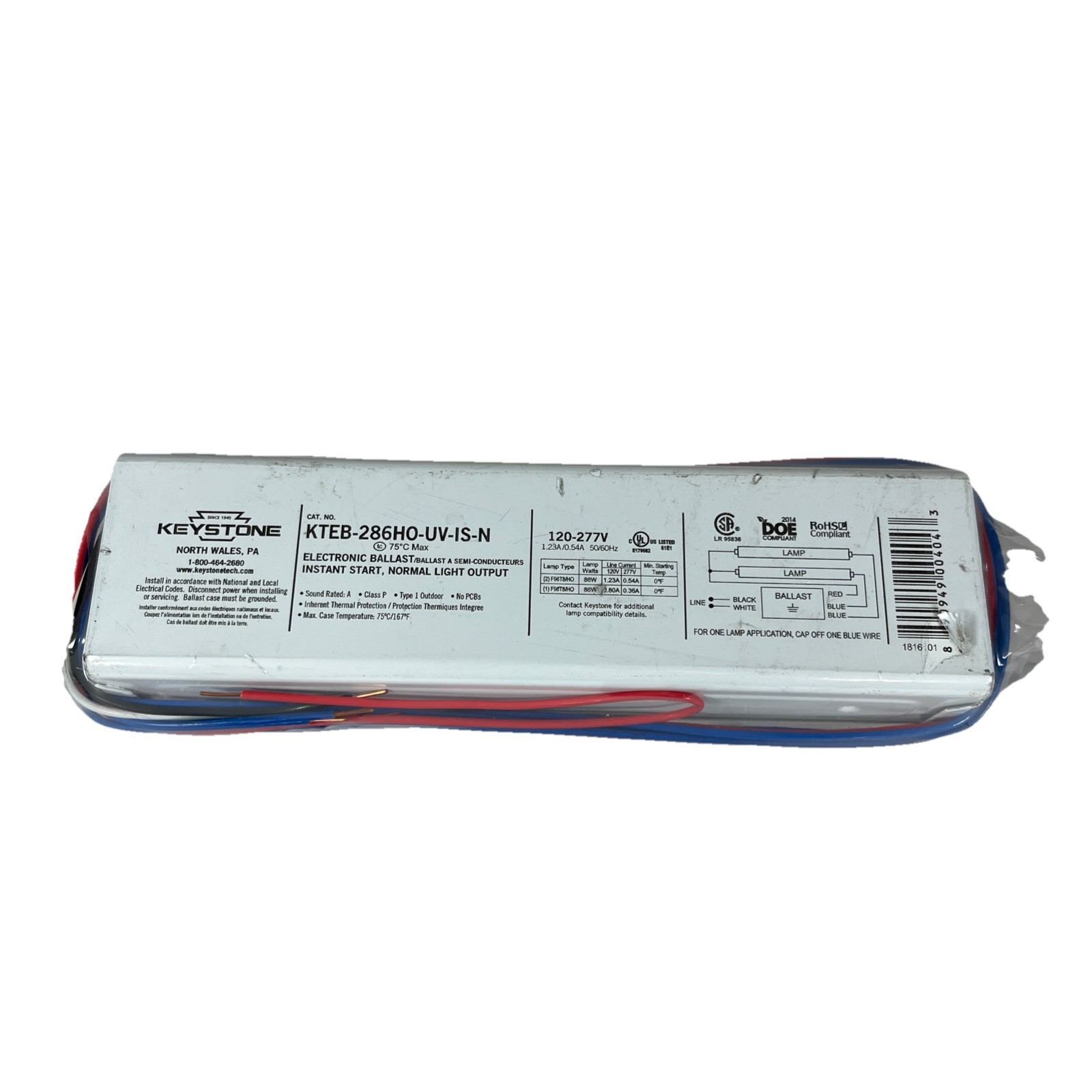 New Keystone Electronic Ballast #KTEB-286HO-UV-IS-N