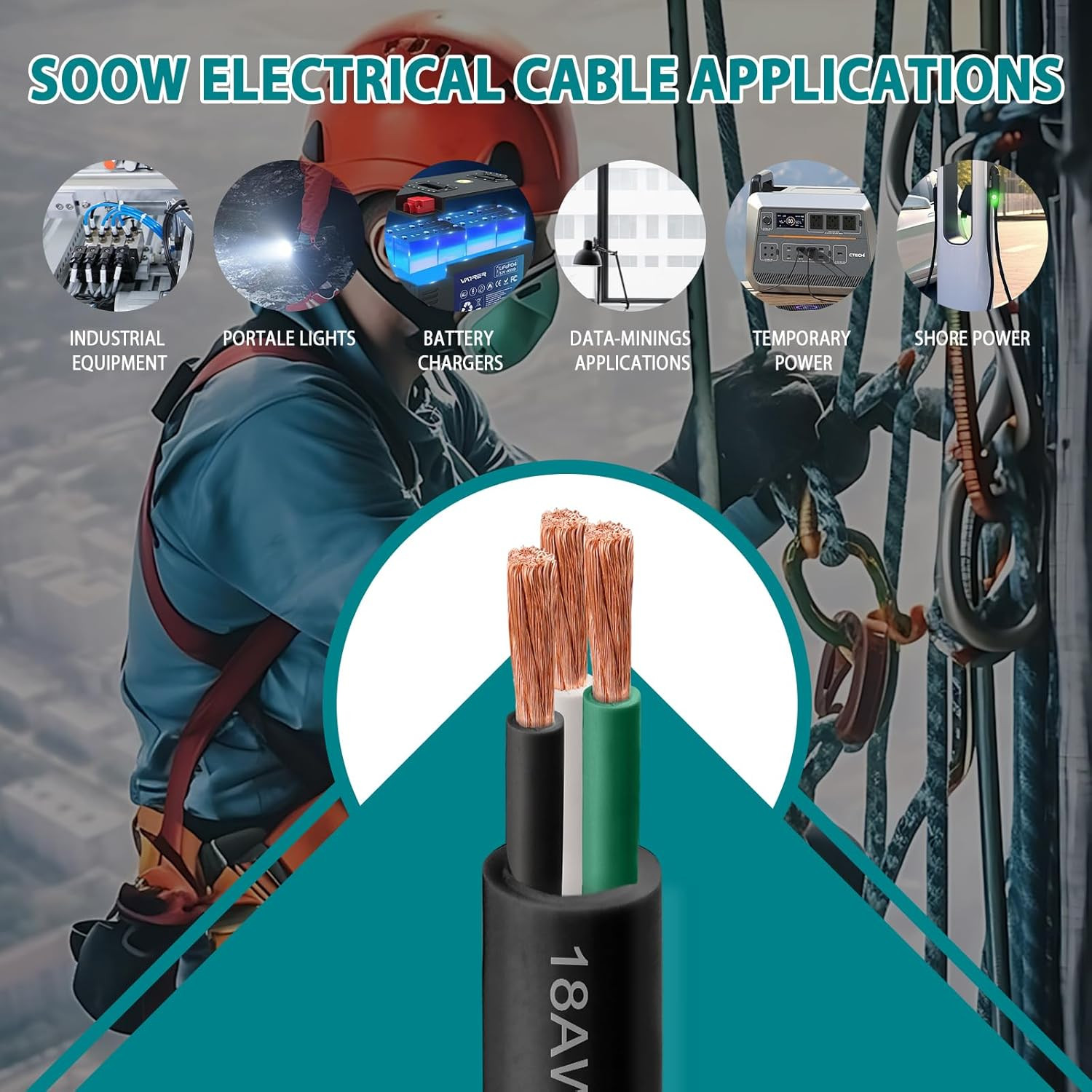 14/3 SOOW Wire 10FT, 14 AWG 600V SOOW Bulk Cable, 14 Gauge 3 Conductor Portable