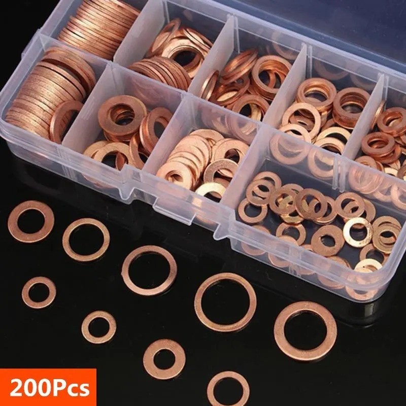 Copper Washer Gasket Nut and Bolt Set Flat Ring Seal Assortment Kit with Box M