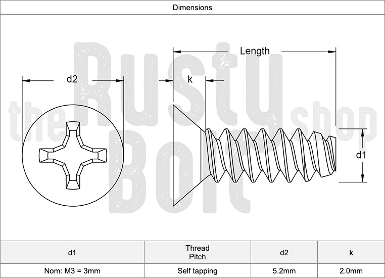 M3 x 6mm, Phillips Flat Head Screws, Self Tapping, Blunt Tip, Stainless Steel