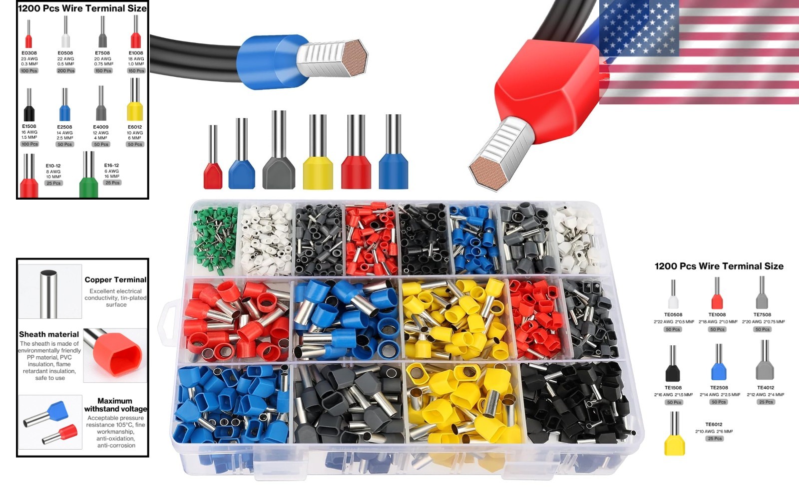 1200pcs Wire Ferrule Kit: Single & Double Ferrules Set/`