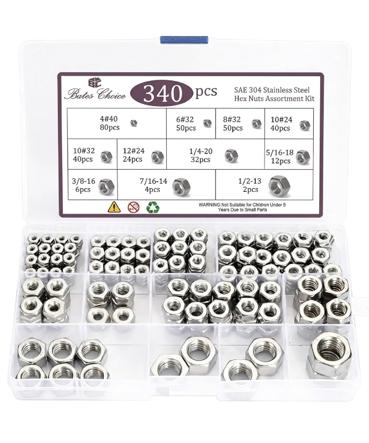 340Pcs SAE Hex Nuts Assortment Kit Stainless Steel Hardware Nuts 11 Sizes