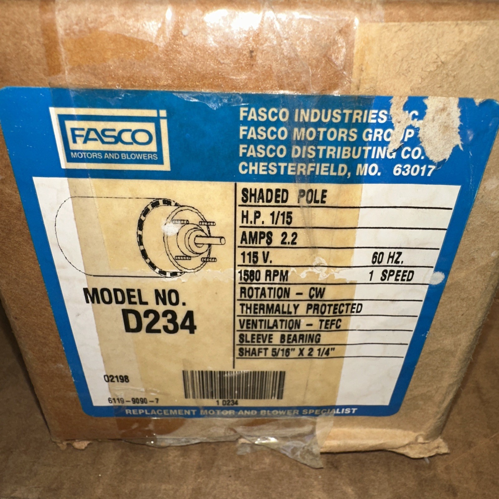 FASCO D234 Self-Cooled Motor 1/15 HP 1500 RPM 115V 3.3” Frame