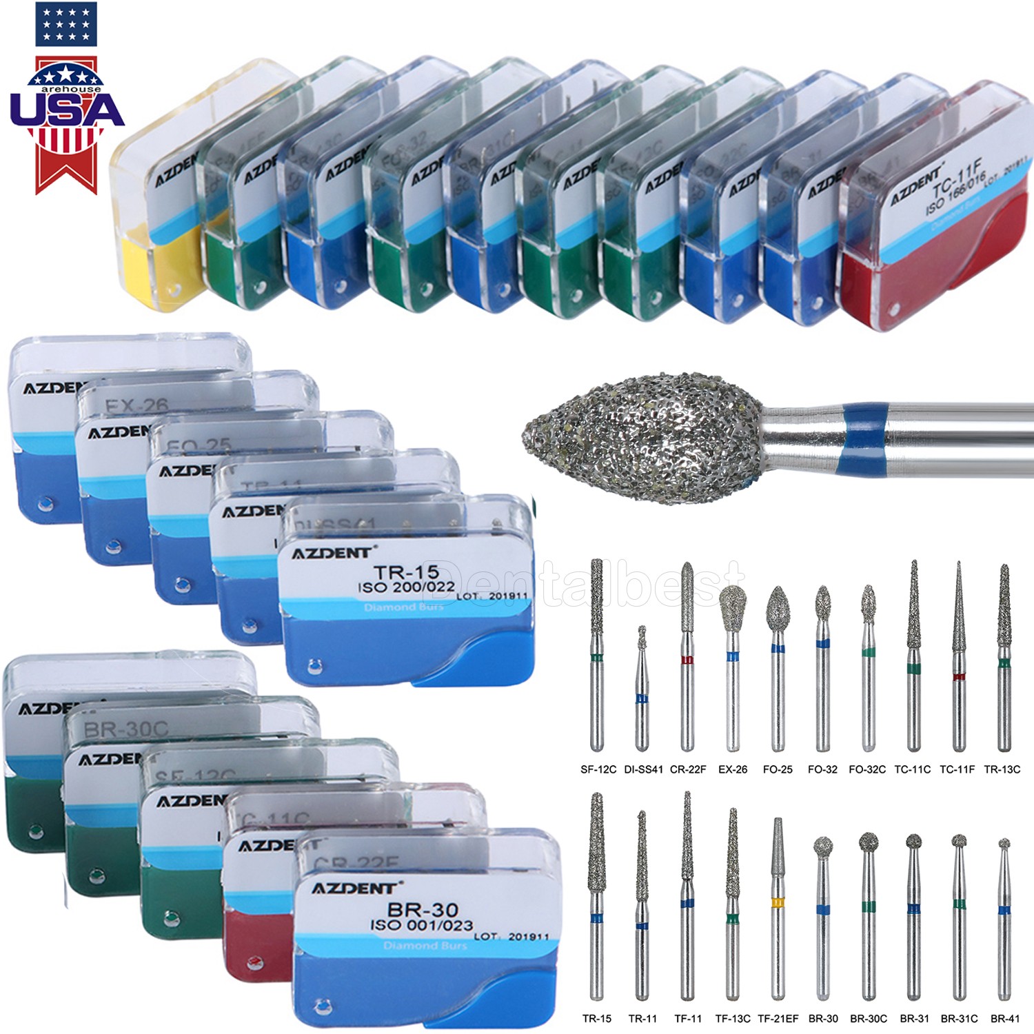 100PCS Dental Diamond Burs for High Speed Handpiece Medium FG 1.6mm AZDENT USA
