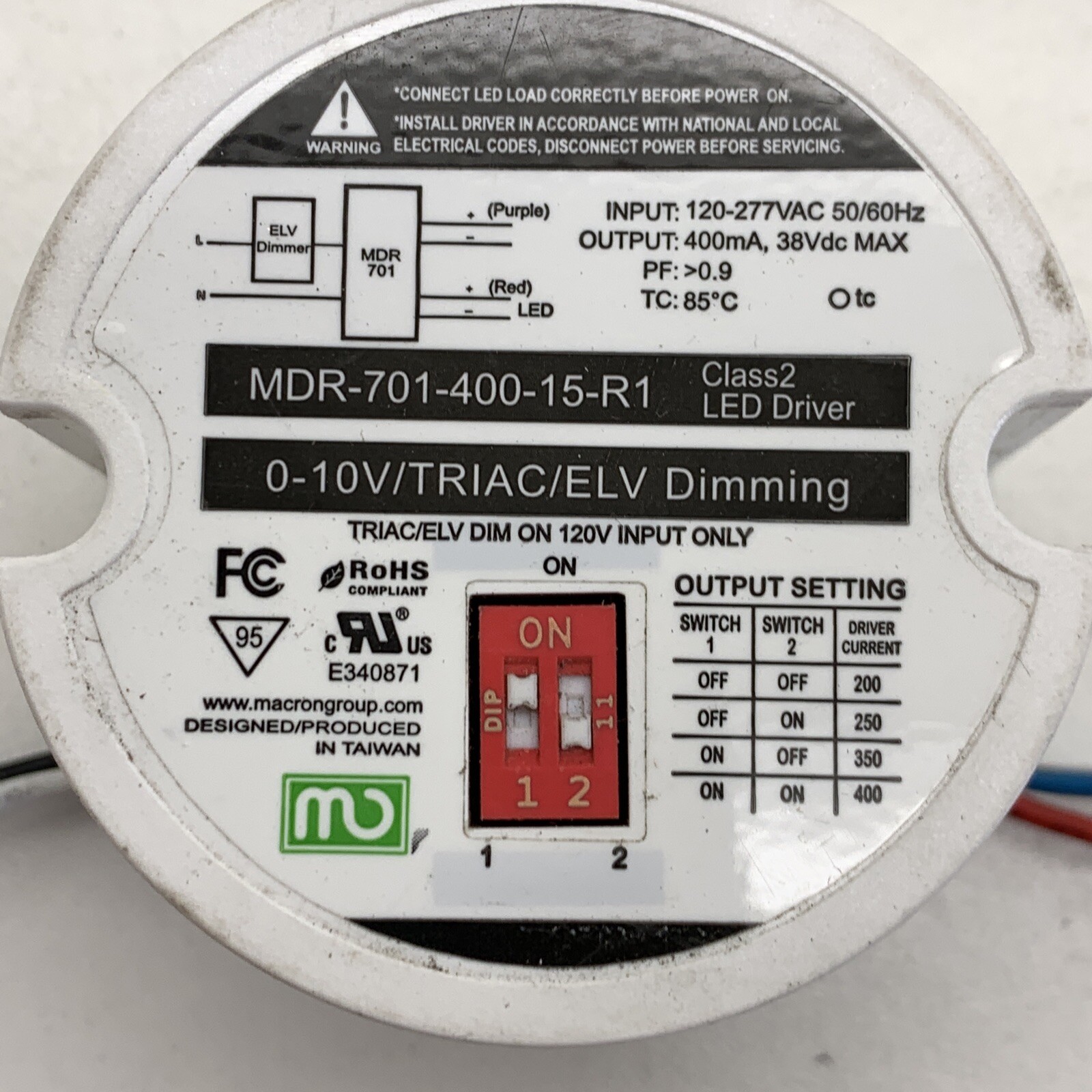 Macron MDR-701-400-15-R1 Dimming 0-10V Constant Current LED Driver 400mA 38VDC
