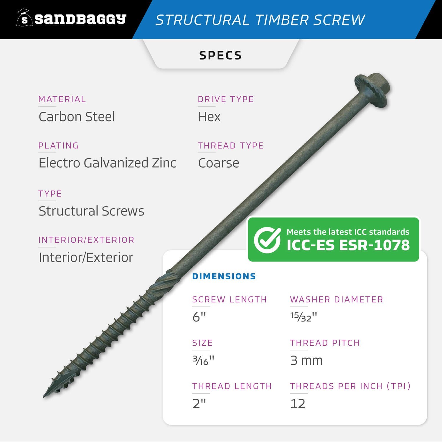 Sandbaggy 6″ Structural Timber Screws – Countersunk (Hex Head) – Wood Lock Screw