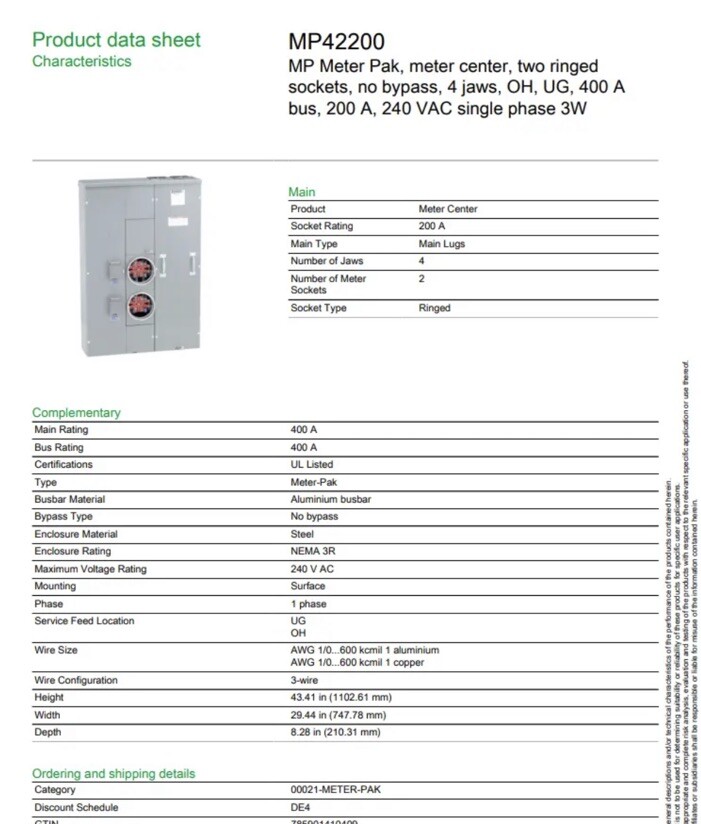 Square D MP42200 400 Amp w/2 Gang 200A Meter EUSERC OH/UG as WEP4212