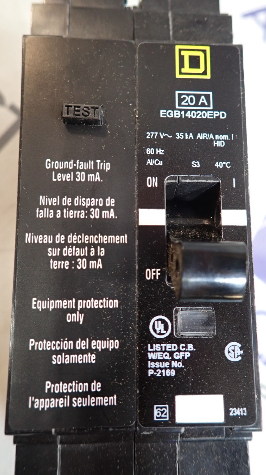 NEW – Square D Circuit Breaker EGB14020EPD 1P 20A 35kA @ 277VAC EPD GFI 30mA