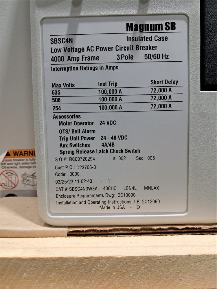 4000A EATON SBNC4N Magnum SB Circuit Breaker 635V SBSC4N3WEA 40CHC LCN4L MNLAX