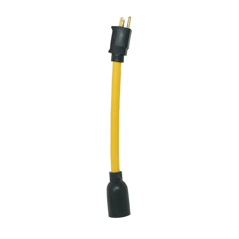 Twist-to-Lock Cord Adapter 9″ 12/3 STW Yellow 15A 125V Plug to L5-20R