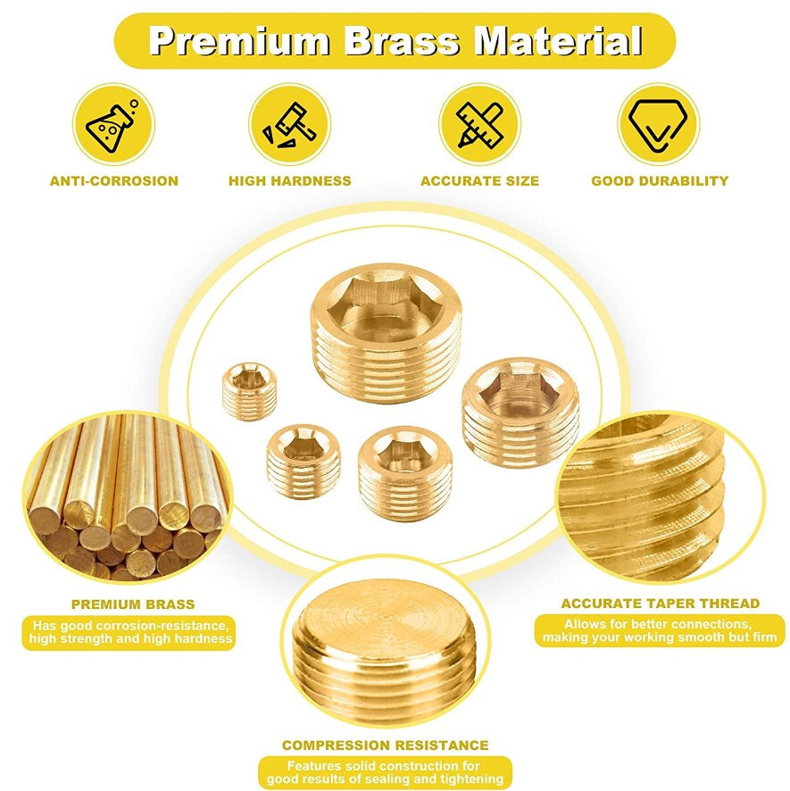 16Pcs Brass NPT Plug Assortment Kit 5 Sizes1/8″ 1/4″ 3/8″ 1/2 «3/4» Internal hex