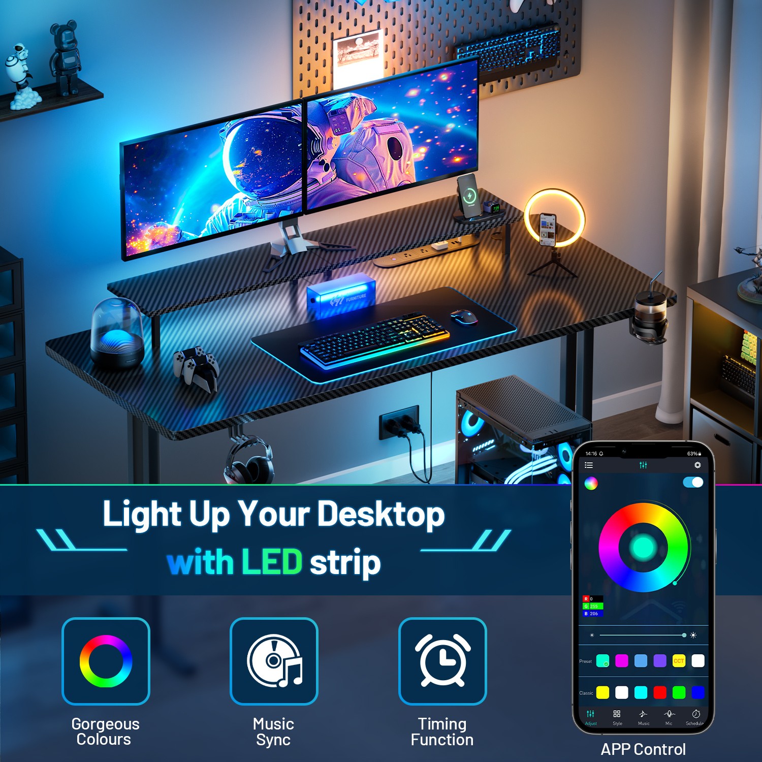 47» Gaming Desk with LED Light & Power Outlets, Gamer Table with Monitor Stand