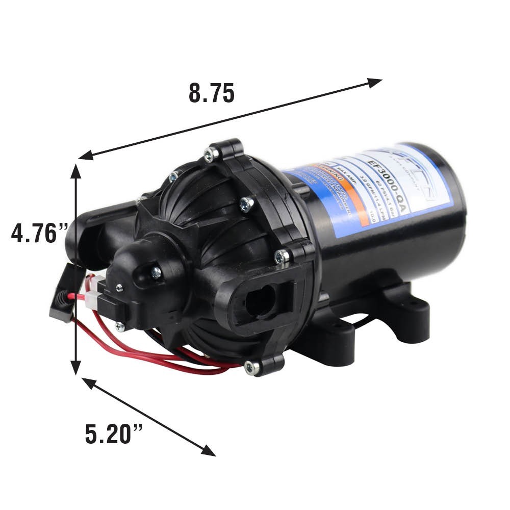 Everflo EF3000-QA 12V Diaphragm Sprayer Pump – 3.0GPM, 60 PSI Max, 3/4″ QA Ports