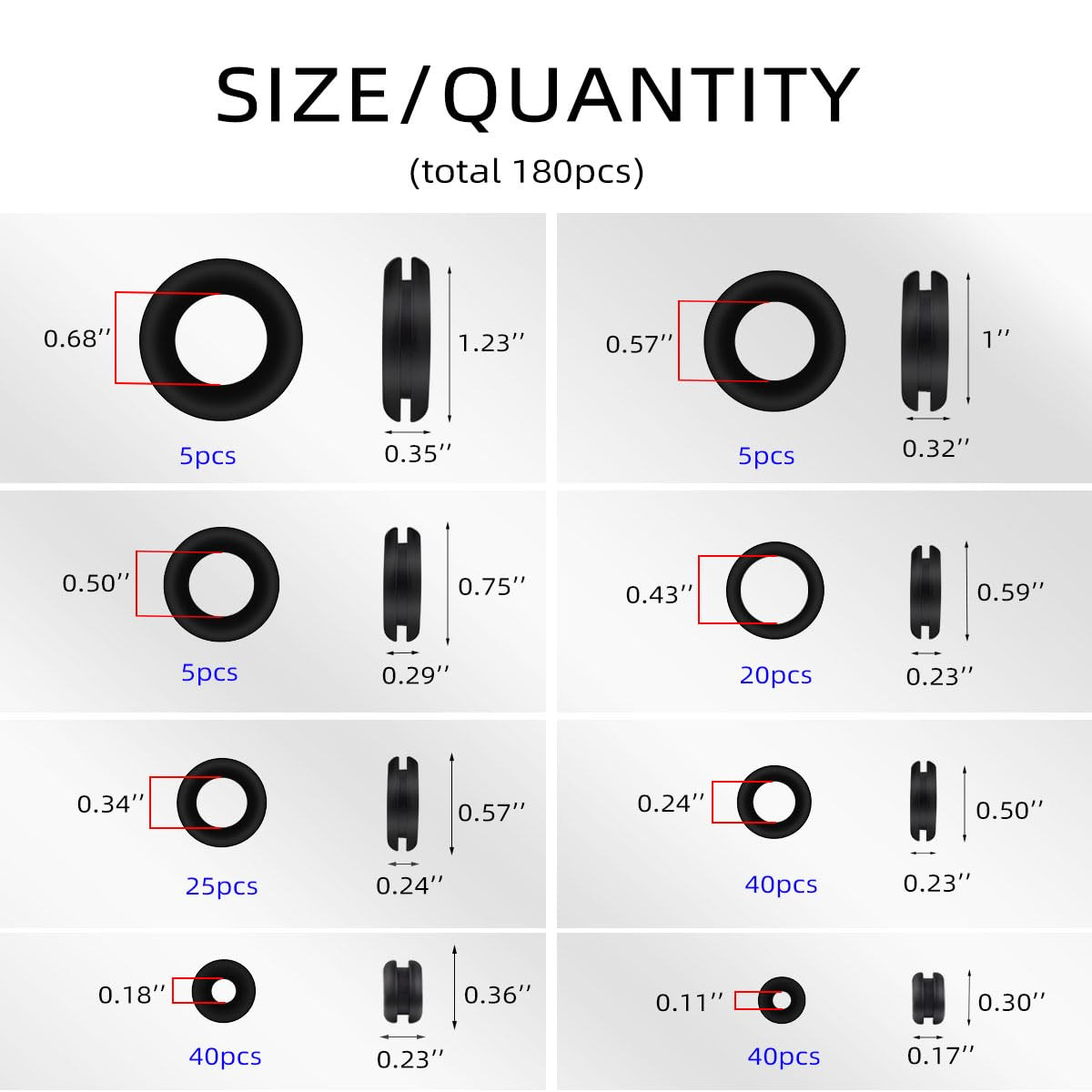 180-Piece Assorted Rubber Grommet Kit for Automotive Wiring and Plugs