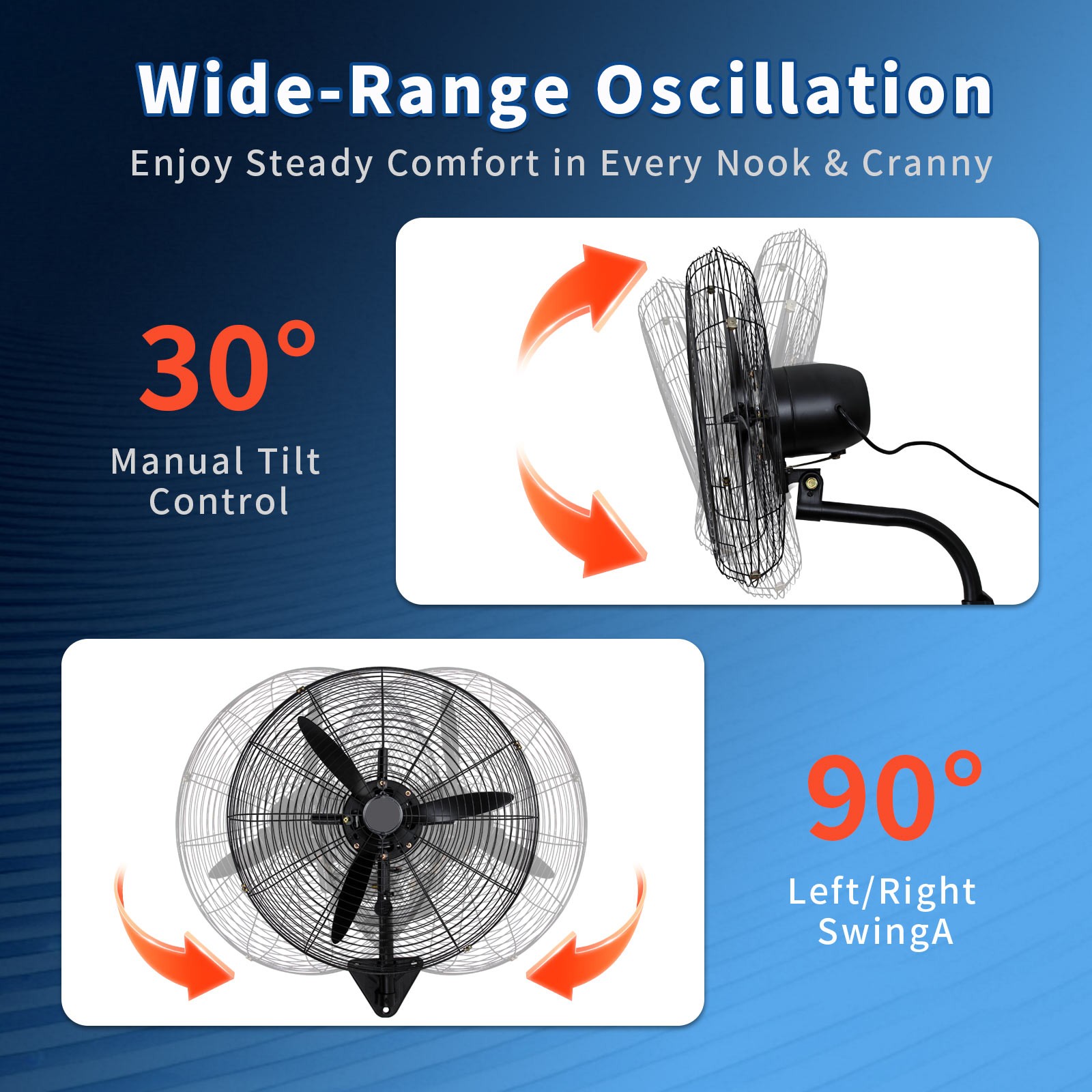 30″ In Wall Mount Oscillating Fan High Velocity 3 Speed Heavy Duty Metal Fan