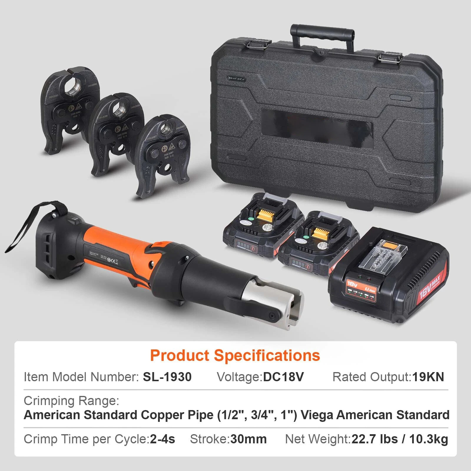Pro Press Tool Pipe Crimping Kit Press Tool Battery Kit 1/2″ 3/4″ 1″ Jaw