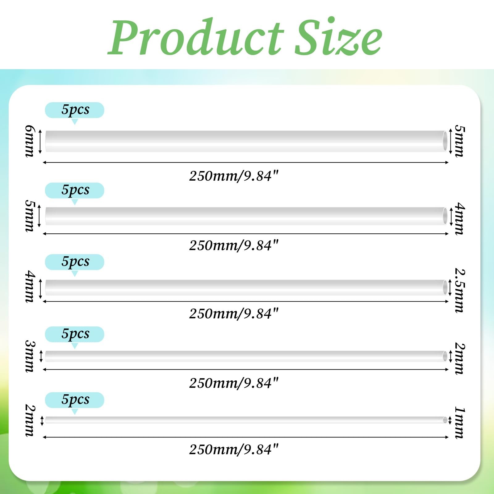 25 Pcs ABS Plastic Round Tubes 5 Sizes 2mm, 3mm, 4mm, 5mm, 6mm, White